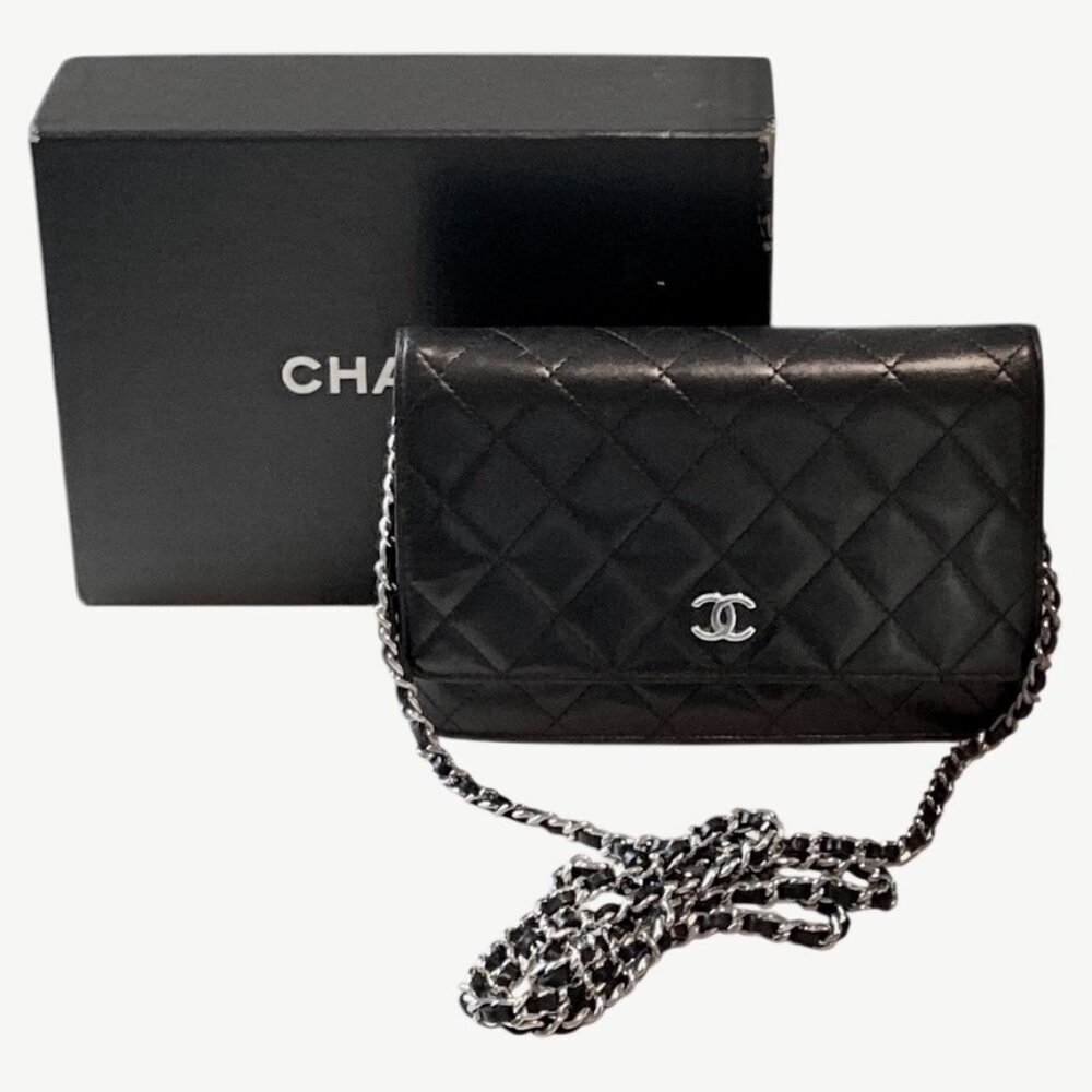 Authentic Vintage Chanel Lambskin WOC Wallet on Chain Black/Silver